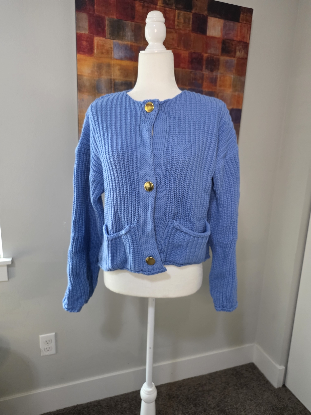 Blue Chunky Knit Button-Front Women's Sweater
